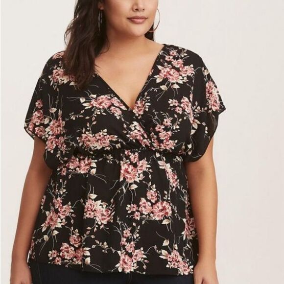 torrid Tops - Torrid Deep V-Neck Floral Faux Wrap Georgette Tunic Top